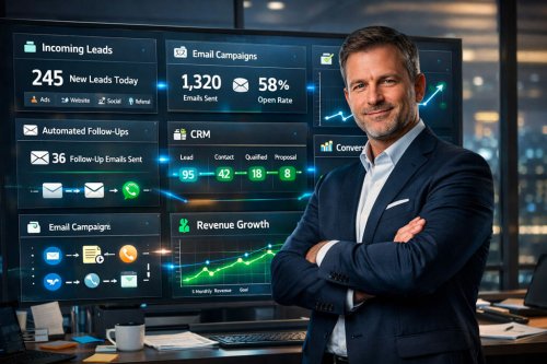 un dirigeant devant un dashboard marketing avec leads entrants, relances automatiques, emails, CRM et courbes de conversion.