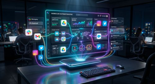 Dashboard workflow lumineux reliant apps populaires.