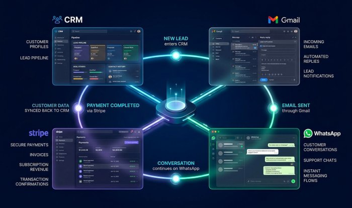 Workflow lumineux connectant CRM, Gmail, WhatsApp, Stripe